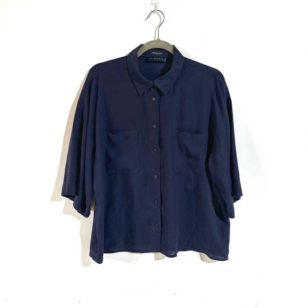 Piombo Navy Blue Linen Blend Short Sleeve Button Down Shirt Pockets Size 12 NWT